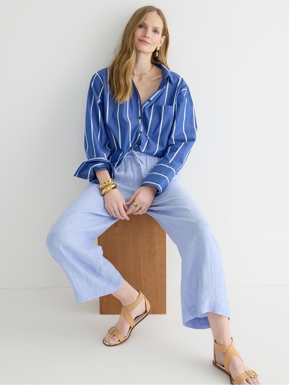 J Crew • Wide-Leg Seaside Pant in Linen drawstring coastal beach French Blue